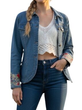 Vintage Y2K Denim & Co Embroidered Denim Jacket Sz L